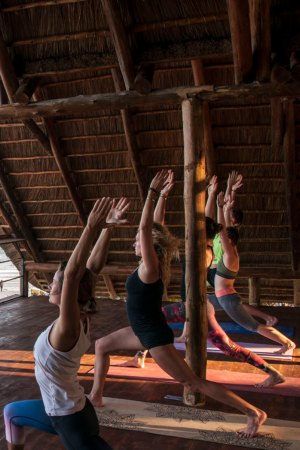 Two guests moving through a standing pose in an open wooden yoga shala